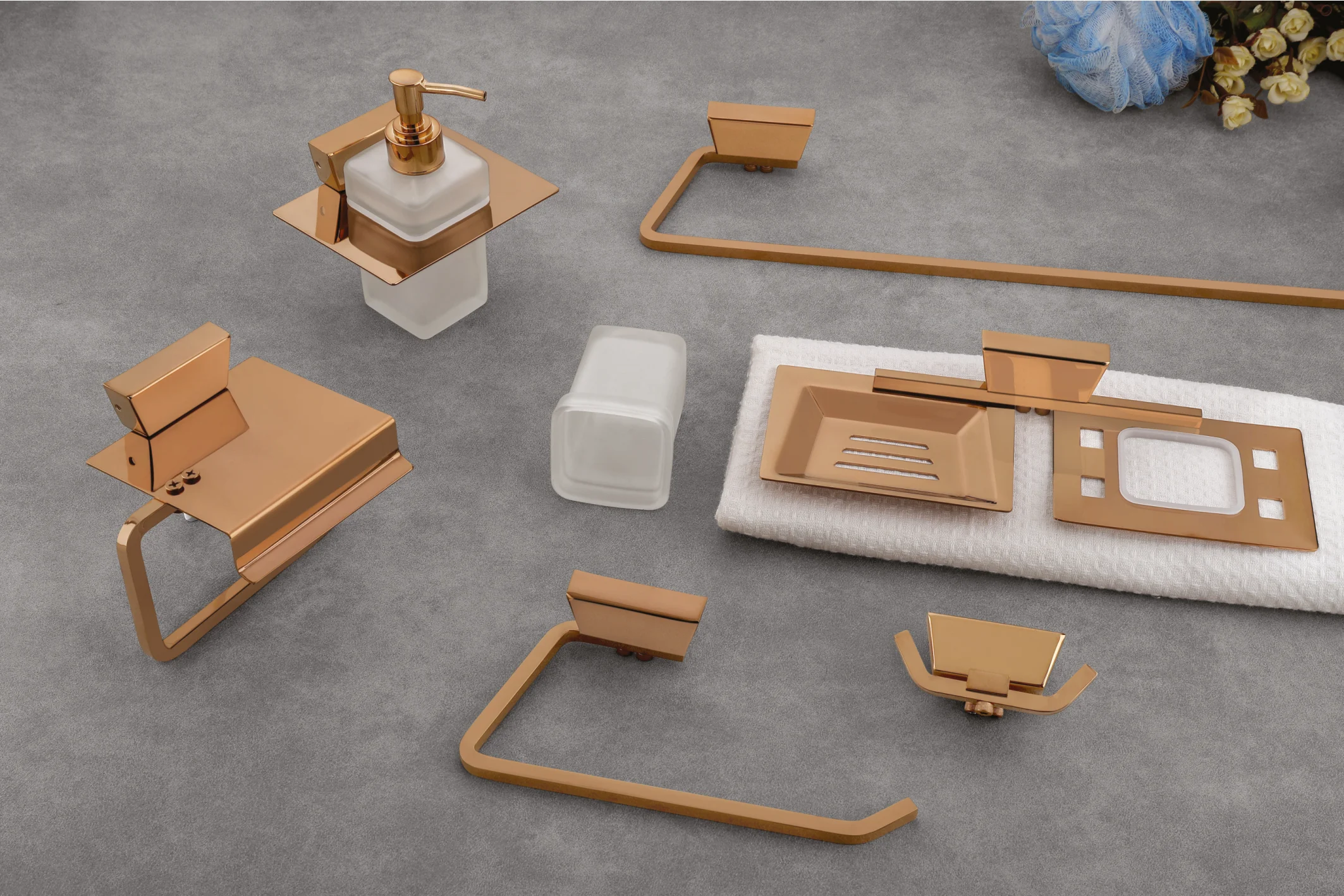 Matric Rose Gold Finish Bathroom Accessories Collage